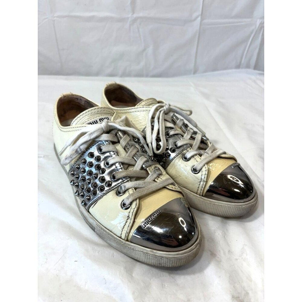Miu Miu Special Edition White Leather Studded Sneakers Metal Toe Size 6.5-7